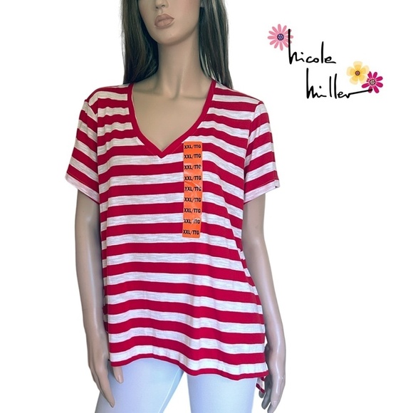 Nicole Miller Stripe Tee t-shirt Tank Top Red V-Neck Short Sleeve Hi Low NWOT - Picture 1 of 15
